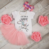 I Don't Believe In Humans Horse Unicorn Pegasus Sublimation Transfer, cute unicorn design on a white toddler t-shirt with pink tulle skirt, surrounded by pink paper flowers and a colorful bows for girls.