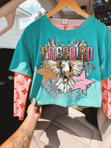 Free Bird Band Tee DTF Heat Transfer, colorful band t-shirt with an eagle and vibrant star and geometric graphics.