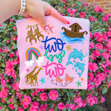 Two By Two Ark DTF Heat Transfer, colorful and playful design featuring monkeys, dolphins, a rainbow, giraffes, a boat, butterflies, and stars on pink fabric.