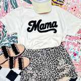 Mama Fluffy Patch, a white T-shirt with the word 'Mama' written in black fluffy letters.