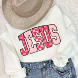 Jesus Pink Patch with Gold Glitter outline on white crewneck.