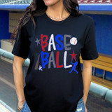 Hand Drawn Baseball DTF Heat Transfer, colorful baseball-themed design on a black T-shirt.