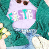 Easter Velvety Chenille Letter Patch, colorful embroidered letter patch on purple T-shirt with green cardigan, denim shorts, floral shoes, and tulip bouquet, spring fashion, casual outfit, trendy apparel.