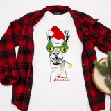 Merry Christmas Llama Sublimation Transfer, humorous llama wearing Christmas glasses and Santa hat with holiday message on a white t-shirt