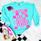 What If It All Works Out Fluffy Chenille Patch, turquoise sweatshirt with pink and mint lettering design, paired with white pants and colorful sneakers.