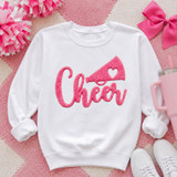 Cheer Fluffy Textured Patch - 4 Colors, white sweatshirt with pink fluffy textured patch spelling 'Cheer' and a cheerleading pom-pom design.