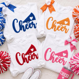 Cheer Fluffy Textured Patch - 4 Colors, colorful embroidered cheer patches on white sweatshirts with polka dot ribbons and pom-poms for cheerleading.