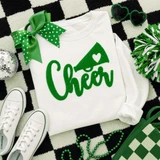 Cheer Fluffy Chenille Patch, white sweatshirt with green glittery cheer theme design.