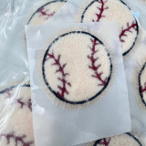 Baseball Fluffy Chenille Hat Patch, soft cream-colored patch with embroidered red baseball stitching design.