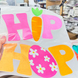 Hip Hop felt fabric patch heat pressed onto an ivory shirt for Easter apparel