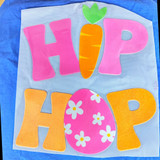 Hip Hop Felt Fabric Patch, colorful felt letter and shape patches spelling 'HOP' with a carrot and floral decorated egg design.
