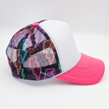 Neon Lightning Bolts Foam Trucker Hat, colorful mesh back and pink brim with neon lightning bolt design.