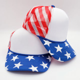 Patriotic Foam Trucker Hat, stylish American-themed baseball cap with red mesh crown, white front panel, and blue brim with white stars.