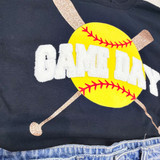 Game Day Softball Chenille Fluffy Patch, close-up of a yellow softball patch with white chenille letters spelling 'Game Day' and red stitching details on a dark fabric background.