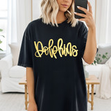 Faux Gold Glitter Dolphins Script DTF Heat Transfer, gold glitter dolphin design on a black T-shirt worn by a woman taking a mirror selfie.