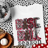 Patterned Baseball Season DTF Heat Transfer, a colorful design on a white t-shirt featuring bold, mixed animal print patterns with a baseball theme.