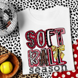 Patterned Softball Season DTF Heat Transfer, t-shirt with softball-themed colorful design featuring the words 'Softball Season' and a yellow bow.