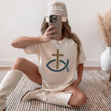 Minimal Cross & Fish DTF Heat Transfer, created with a Christian cross and fish symbol design on a beige t-shirt.