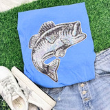 Iridescent Sequins Bass Fish Patch, shiny fish-shaped embroidered applique with shimmering sequins on blue fabric.