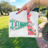 Delaware State Pride Bow DTF Heat Transfer, colorful bow and state outline with vibrant camouflage pattern.