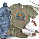 Adventure Is Calling ADULT Screen Print Heat Transfer, graphic t-shirt with mountain, cactus, and sunset design, outdoor theme, casual wear
