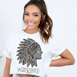 Camo Warriors DTF Heat Transfer, graphic of a Native American chief wearing a feathered headdress with camouflage pattern, on a woman wearing a white T-shirt.