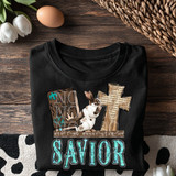 Ain't no bunny like my savior DTF heat transfer. Western faith based elements, turquoise lettering with a bible, cross, and bunny.