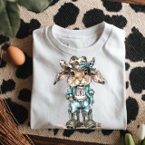 Western Easter Bunny DTF Heat Transfer, illustrated bunny dressed in cowboy outfit with hat and boots, on a white T-shirt.