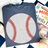 Faux Rhinestone Baseball DTF Heat Transfer, close-up of a navy blue t-shirt with a baseball design made of white faux rhinestones and red rhinestone stitches.