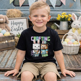 Crafting Eggs-tra Fun DTF Heat Transfer, a colorful design of cartoon bunny and pixelated characters on a child's black t-shirt, celebrating Easter with festive decorations in the background.