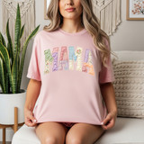 Faux Fabric Patchwork Mama DTF Heat Transfer, a cute pink T-shirt with colorful patchwork letter design.