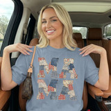 Faux Patchwork Vintage Mama DTF Heat Transfer, close-up of a woman's t-shirt with a patchwork design spelling out 'MAMA' in different fabric patterns.