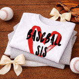 Baseball Heart Title DTF Heat Transfer, printed on a white T-shirt with a red heart background and black text that says 'Baseball SOS'.