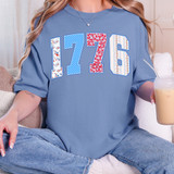 1776 Patterned DTF Heat Transfer, colorful patriotic number design on a blue T-shirt, showcasing detailed patterns for custom apparel decoration.