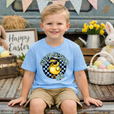 Here For The Chicks Bruh DTF Heat Transfer, a colorful graphic of a chick wearing sunglasses and a hat with the text "Here For The Chicks Bruh" on a light blue t-shirt worn by a smiling young boy.