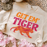Get Em' Tiger DTF Heat Transfer, colorful tiger graphic and text printed on a cream-colored sweatshirt.