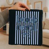 Book Nerd Stripes DTF Heat Transfer, black fabric with blue striped design and text, ideal for customized book lover apparel and accessories.