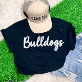 Bulldogs Fluffy Chenille Patch Transfer | Varsity Game Day Patch, black t-shirt with white 'Bulldogs' text and a beige baseball cap with 'GAME DAY' embroidery