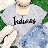 Indians Fluffy Chenille Patch Transfer | Varsity Spirit Wear Patch, gray t-shirt with 'Indians' embroidery, distressed denim shorts, beige sneakers, and a beige cap with 'Game Day' text.