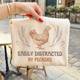 Easily Distracted by Peckers Rustic DTF Heat Transfer, decorative fabric tote bag featuring a vintage-style illustration of a chicken and wheat stalks.