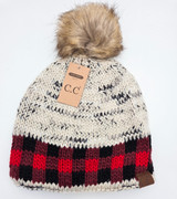 C.C. Buffalo Plaid Beanie, knit winter hat with faux fur pom-pom and colorful buffalo plaid pattern in red, black, beige, and brown.