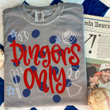 Dingers Only Baseball DTF Heat Transfer, gray t-shirt with baseball-themed designs and bold red lettering.