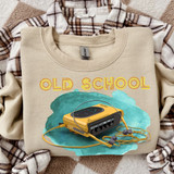 Old School Retro DTF Heat Transfer, vintage yellow portable cassette player with headphones on a beige sweatshirt with watercolor background.