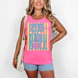 Spike The Dang Ball DTF Heat Transfer, vibrant pink tank top with colorful volleyball-themed design.