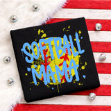 Softball Mama Paint Splatter DTF Heat Transfer, colorful paint splatter design with the words 'Softball Mama' in blue and red on black fabric.