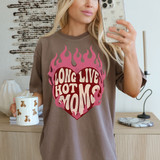 Long live hot moms in bold bubble lettering with muted neutral colors, a red heart with pink flames surrounding the design. 