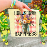 Homegrown Happiness DTF Heat Transfer, floral design with colorful flowers in a jar on a checkered background.