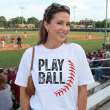 Play Ball Red Stitches DTF Heat Transfer, baseball-themed heat transfer design on a white T-shirt with red stitching illustration.