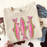Trout Trio DTF Heat Transfer, colorful fish design printed on a beige sweatshirt.
