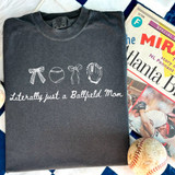 Literally Just A Ballfield Mom WHITE DTF Heat Transfer, graphic design of four baseball-related icons along with the text 'Literally Just A Ballfield Mom' on a dark gray T-shirt.